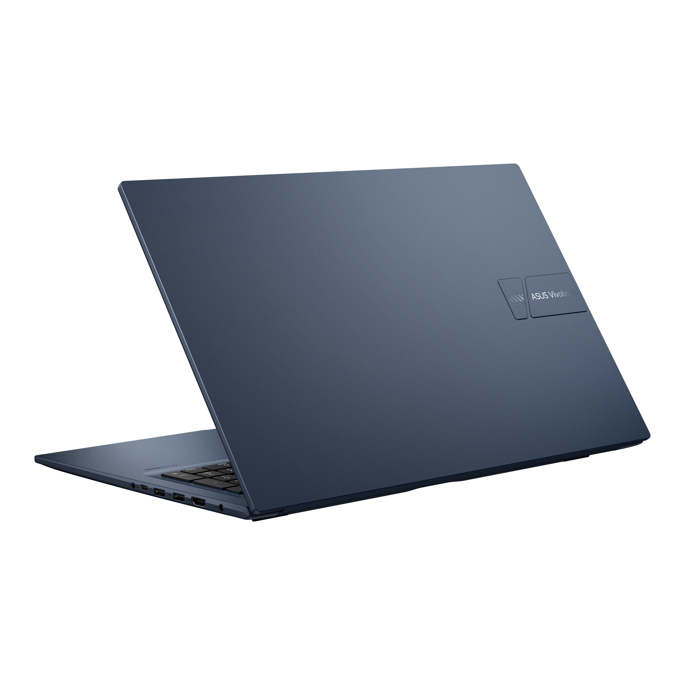 Blaues Laptop-Rückseite, ASUS Vivobook Logo, schwarzer Hintergrund.