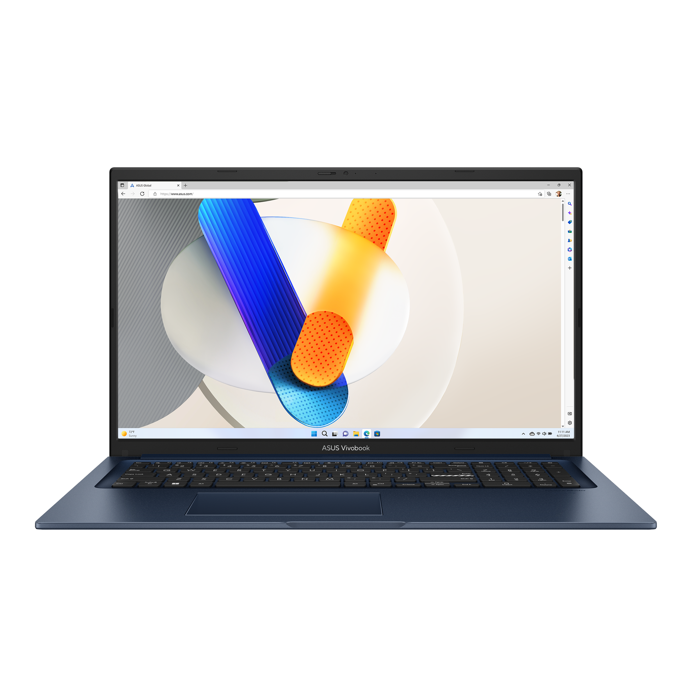 Blauer Laptop mit eingeschaltetem Bildschirm, der eine Website mit abstrakter Kunst zeigt.