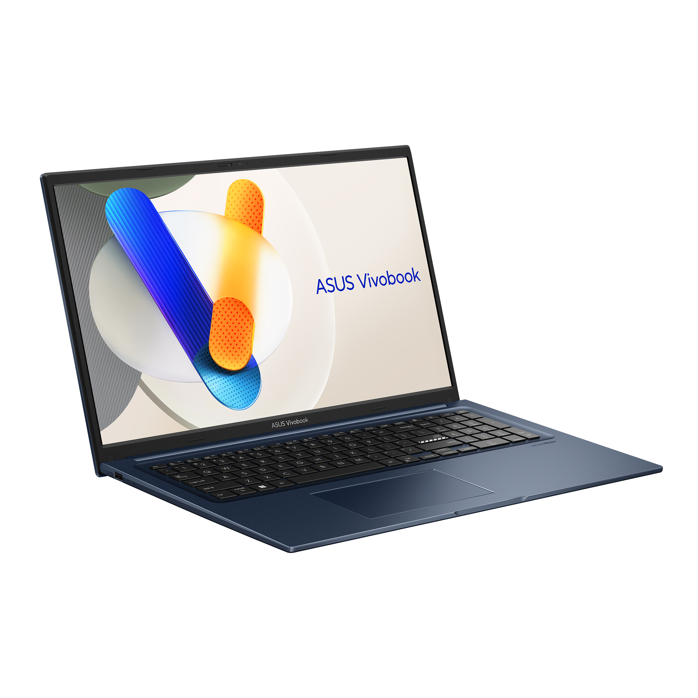 Ein blauer Laptop, der auf einem weißen Hintergrund mit blauen und orangen Formen geöffnet ist. Die Tastatur ist schwarz.