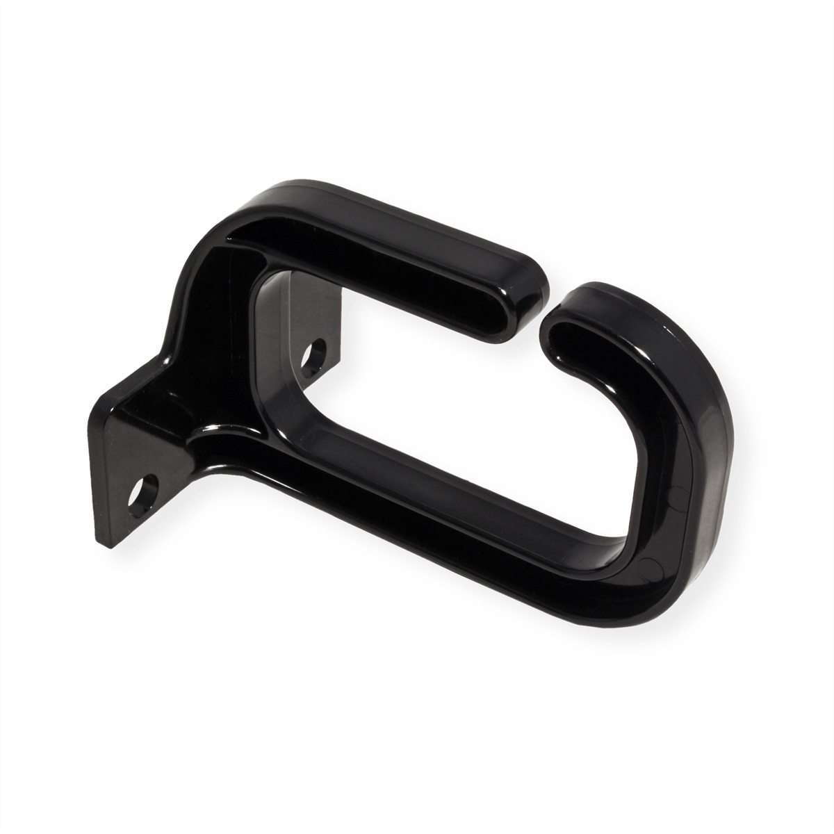 Gancio da parete in plastica nera, una staffa curva, con base rettangolare, su sfondo bianco.