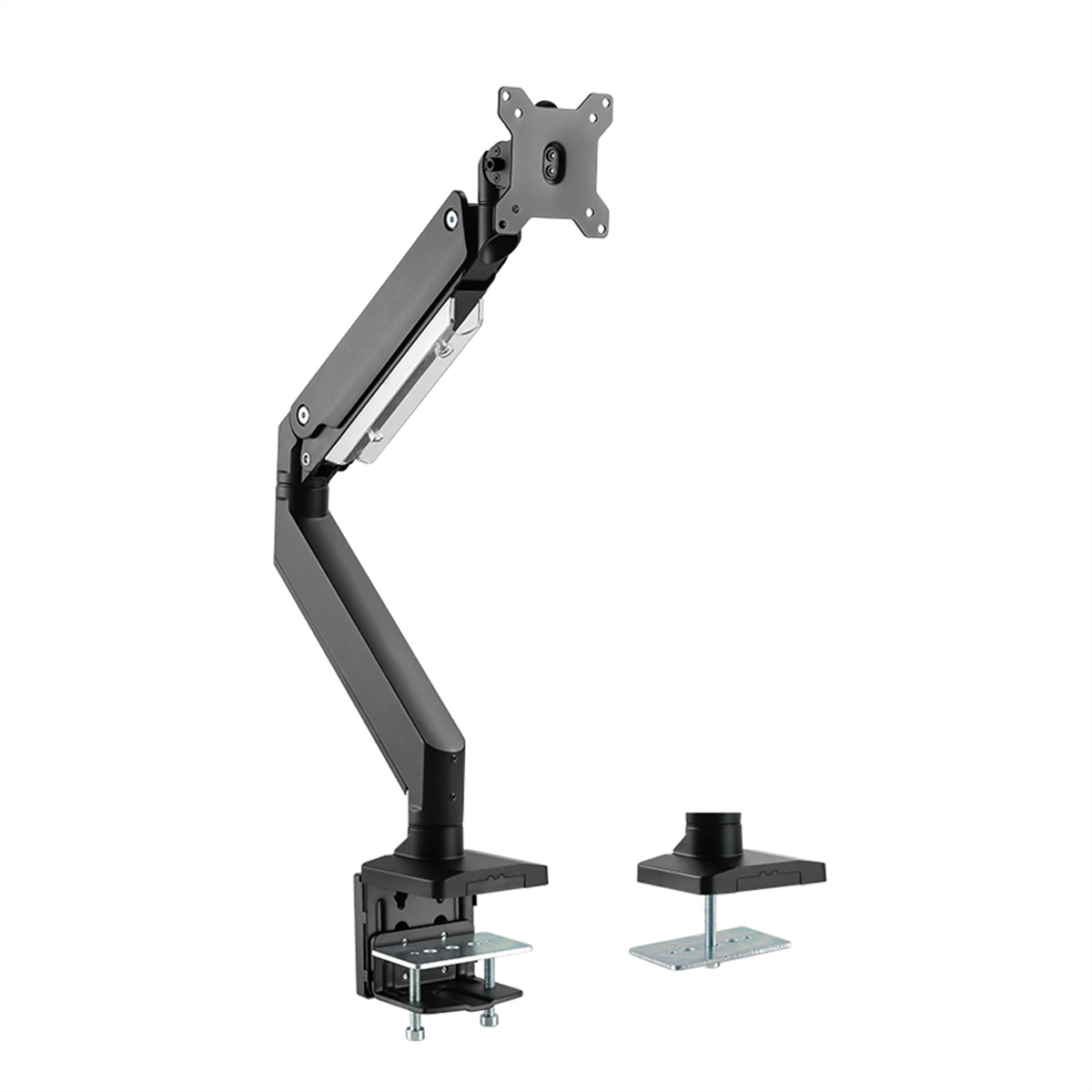 Ein schwarzer Monitorarmständer mit Monitorhalterung und Sockel. Der Arm ist mit einer Klemme verstellbar.