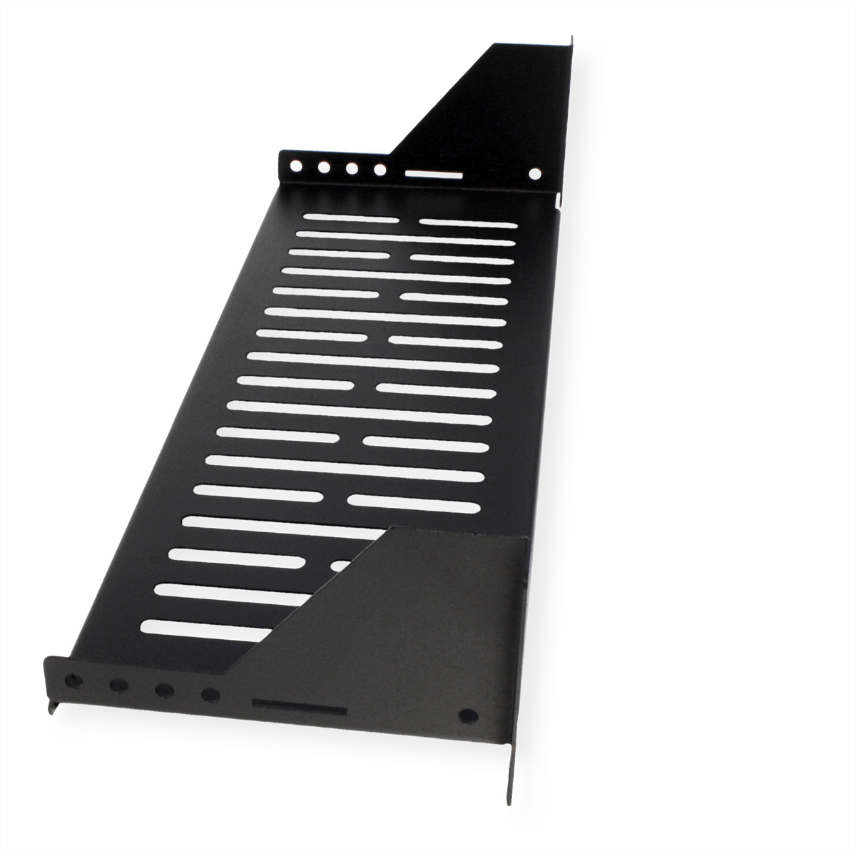 Ripiano nero in metallo per rack server con fori di ventilazione, vista angolata, design robusto.