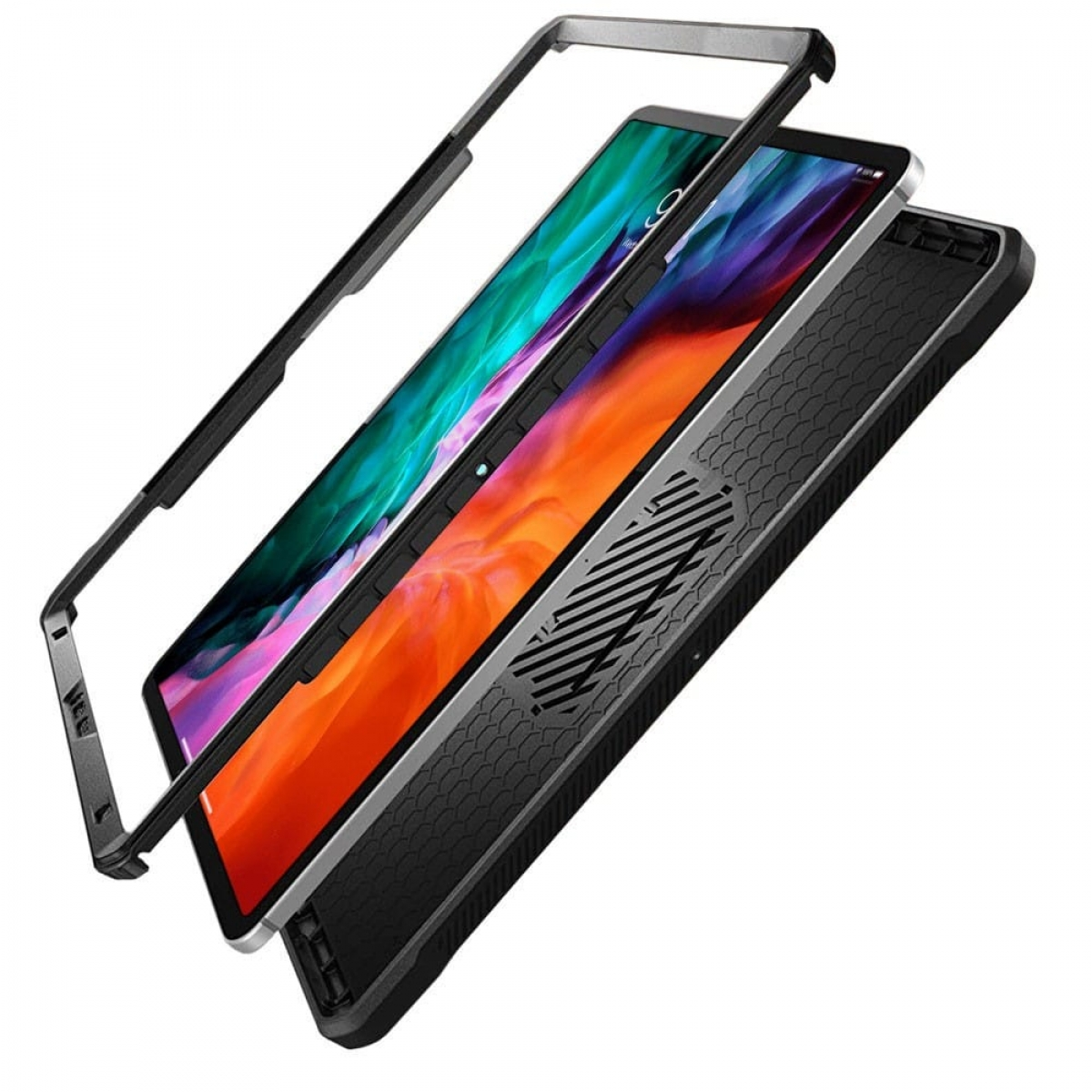 Schwarze Handyhülle mit klarem Rahmen. Das Telefon hat einen bunten Bildschirm. Die Hülle ist offen.