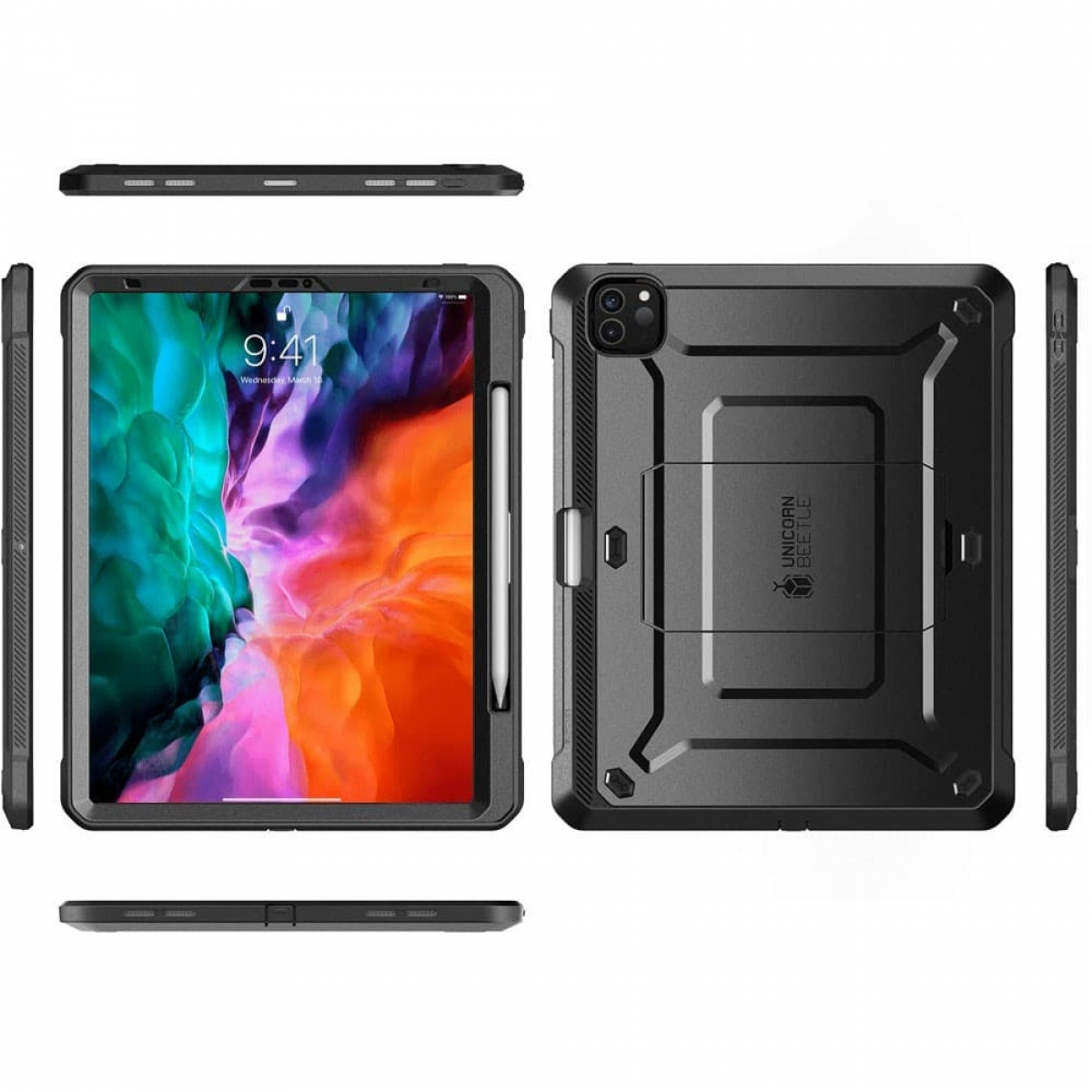 Schwarze iPad-Hülle mit eingebautem Stifthalter. Der Bildschirm zeigt die Uhrzeit. Verschiedene Winkel der Hülle werden gezeigt.