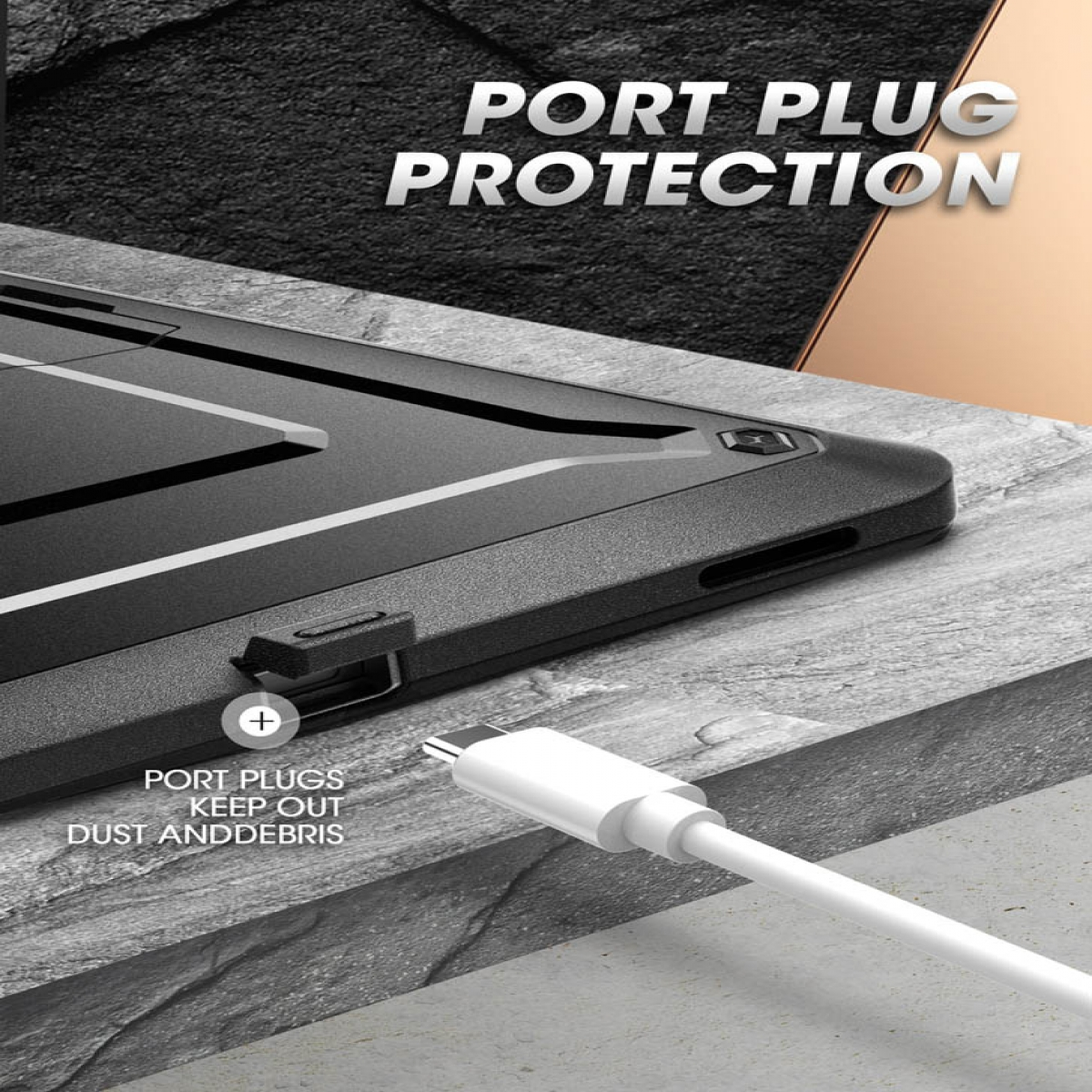 Schwarzes Gehäuse, das den Anschluss mit einem eingesteckten weißen Kabel zeigt. Text: Port Plug Protection.