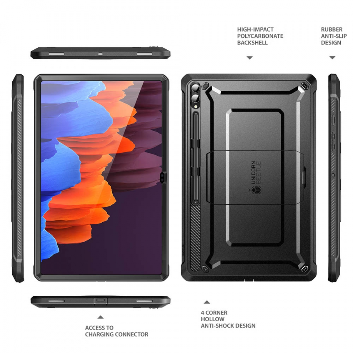 Tablet in Schutzhülle mit mehreren Ansichten, zeigt Designdetails.