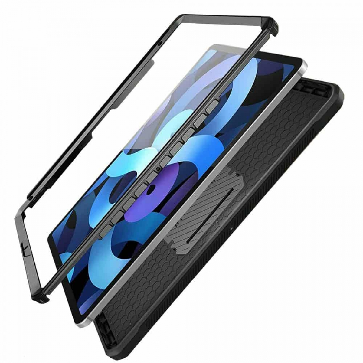 Dreifach geschichtete Tablet-Hülle in der Luft, mit einem klaren Teil, einem Rahmen und einem Körper.