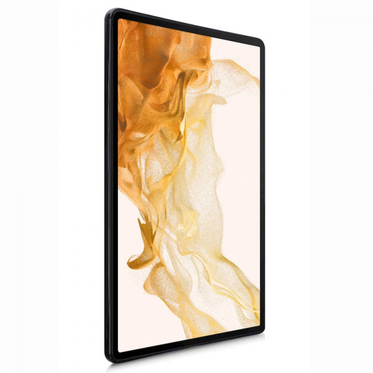 Tablet in schwarzem Case, Seitenansicht, mit schwarzem Rahmen.