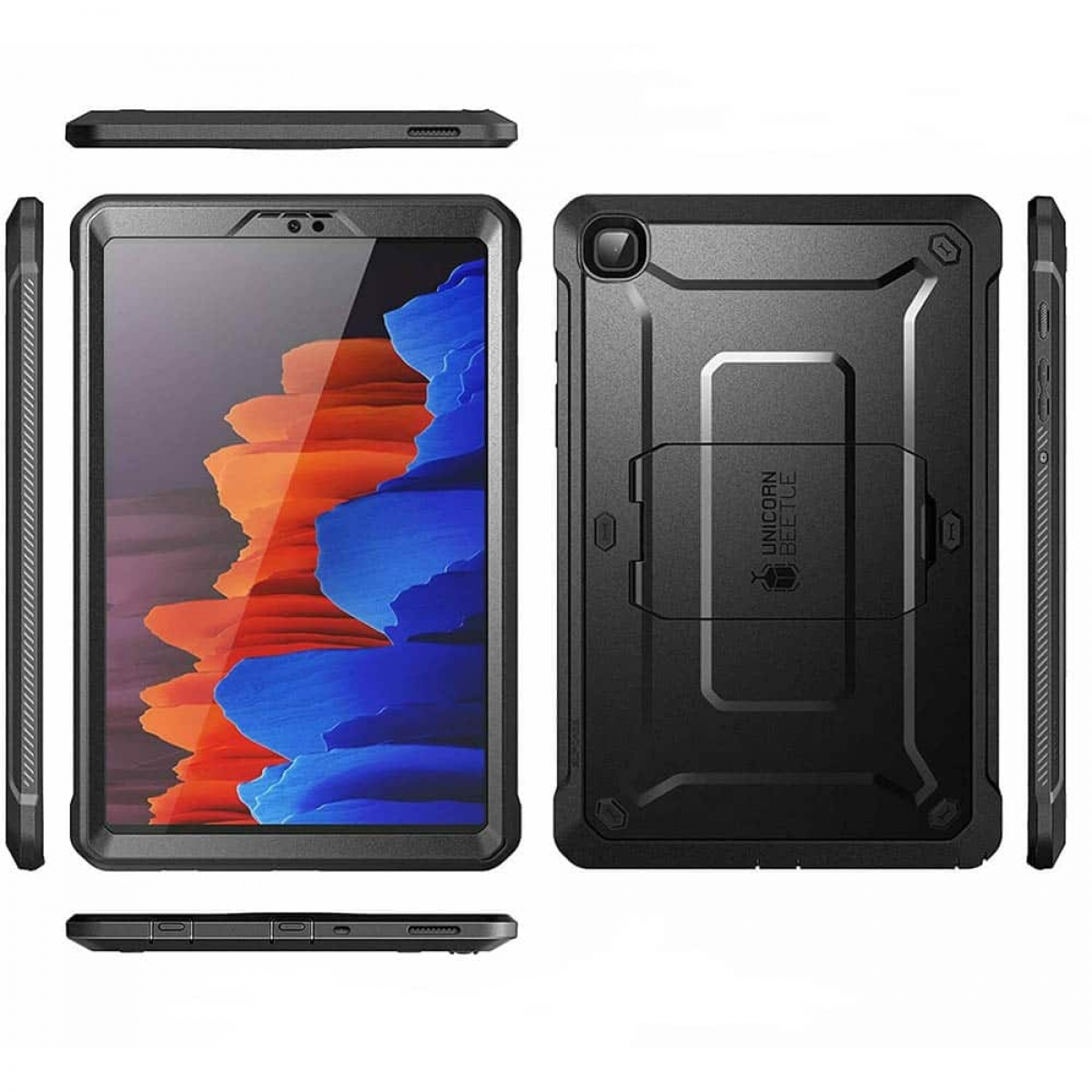 Eine schwarze Tablet-Hülle mit integriertem Ständer, Vorder- und Rückseite zeigend.