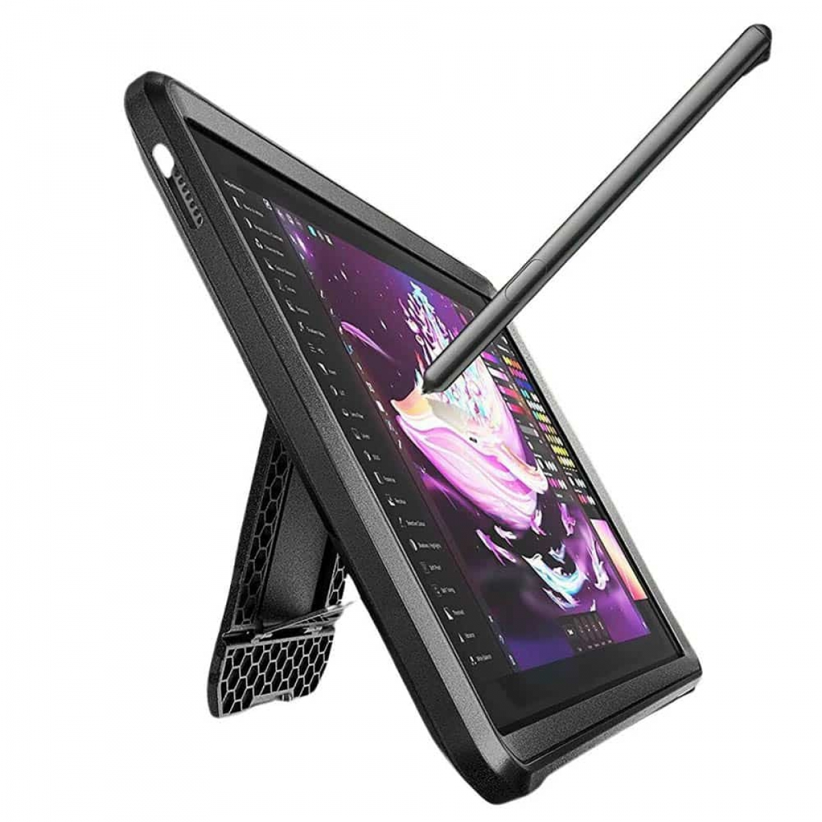 Schwarzes Tablet im Gehäuse mit Stift, auf einem Ständer.