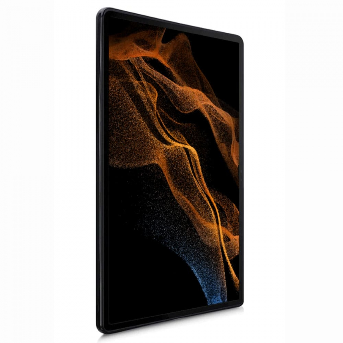 Ein Tablet mit schwarzem Rahmen. Der Bildschirm zeigt ein abstraktes, orangefarbenes und blaues Design.