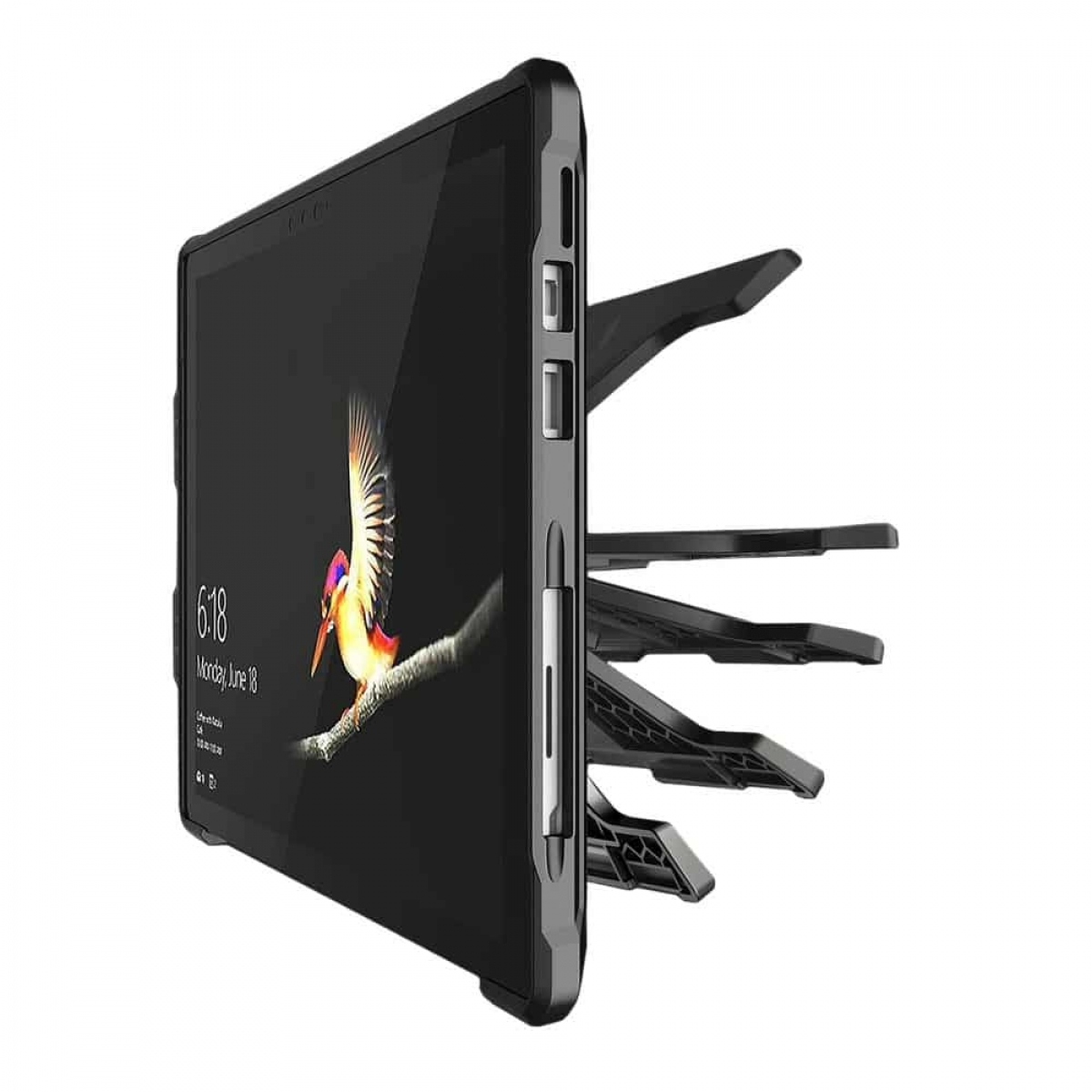 Ein schwarzes Tablet auf einem Ständer, das den Bildschirm mit Zeit und Bild zeigt.