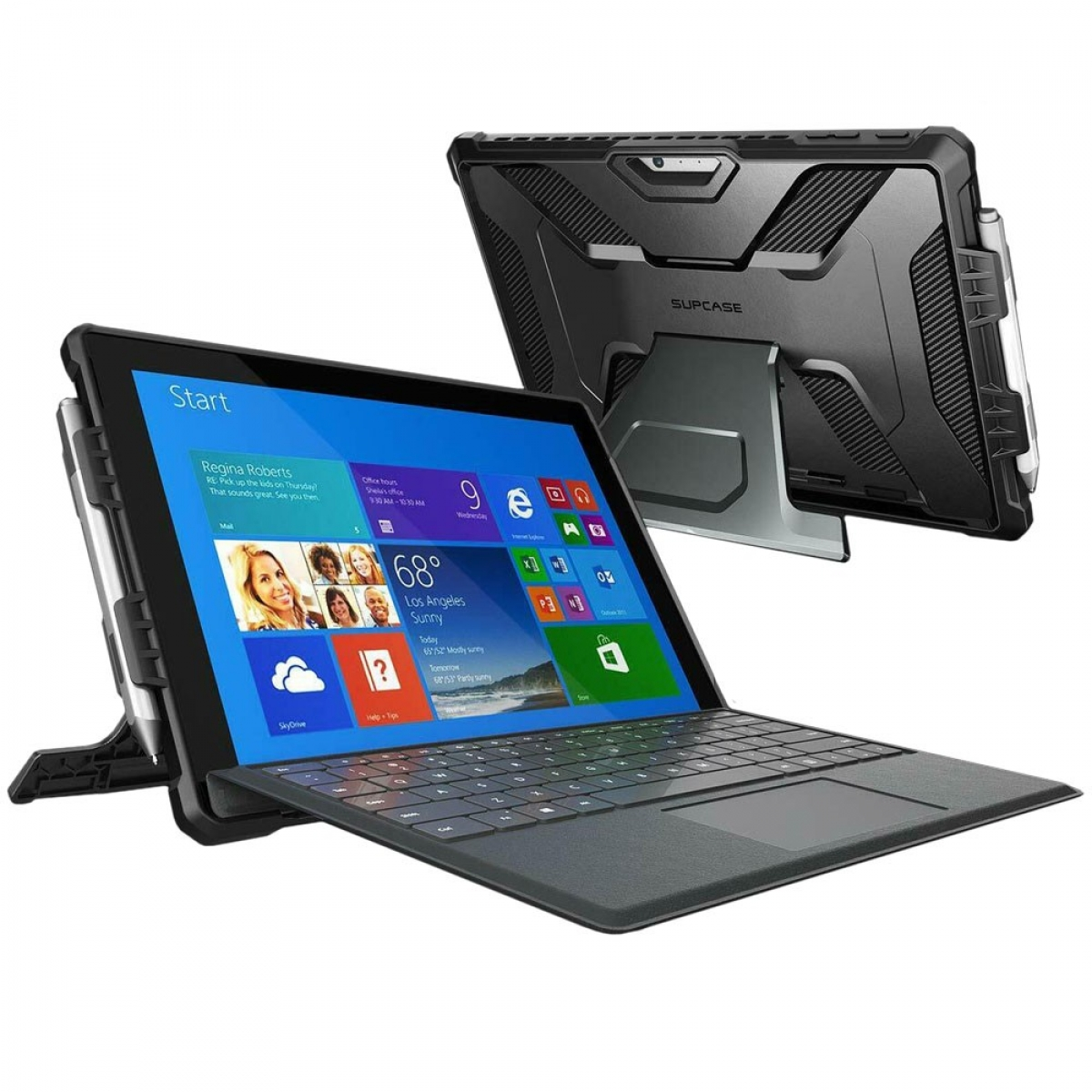 Tablet mit Tastaturständer, Stift und Schutzhülle. Der Bildschirm zeigt den Startbildschirm mit mehreren Anwendungskacheln.
