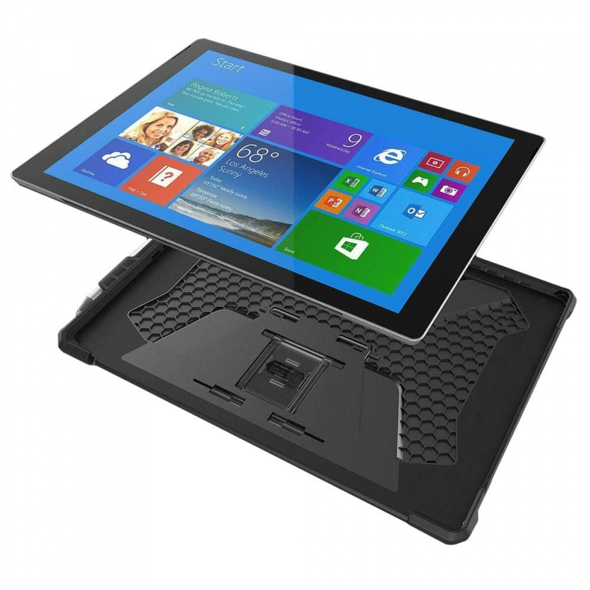 Ein Tablet mit Hülle zeigt einen Startbildschirm an. Die Hülle ist schwarz mit Wabenmuster.