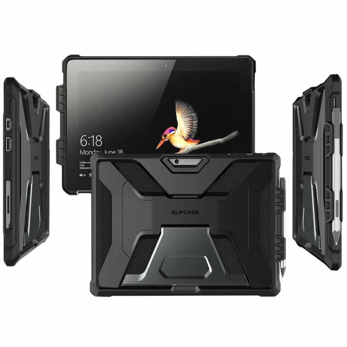 Eine schwarze Tablethülle mit einem Tablet darin. Das Tablet zeigt einen Bildschirm.