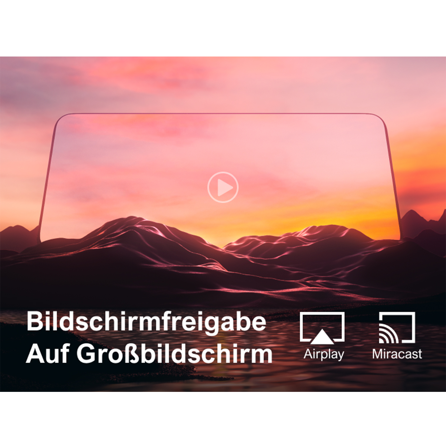 Ein Tablet-Bildschirm mit Sonnenuntergangshintergrund zeigt Bildschirmspiegelungsoptionen.