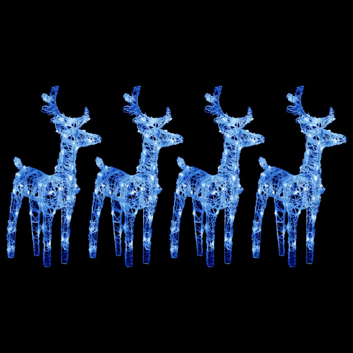 Vier blau leuchtende Rentierdekorationen auf schwarzem Hintergrund.