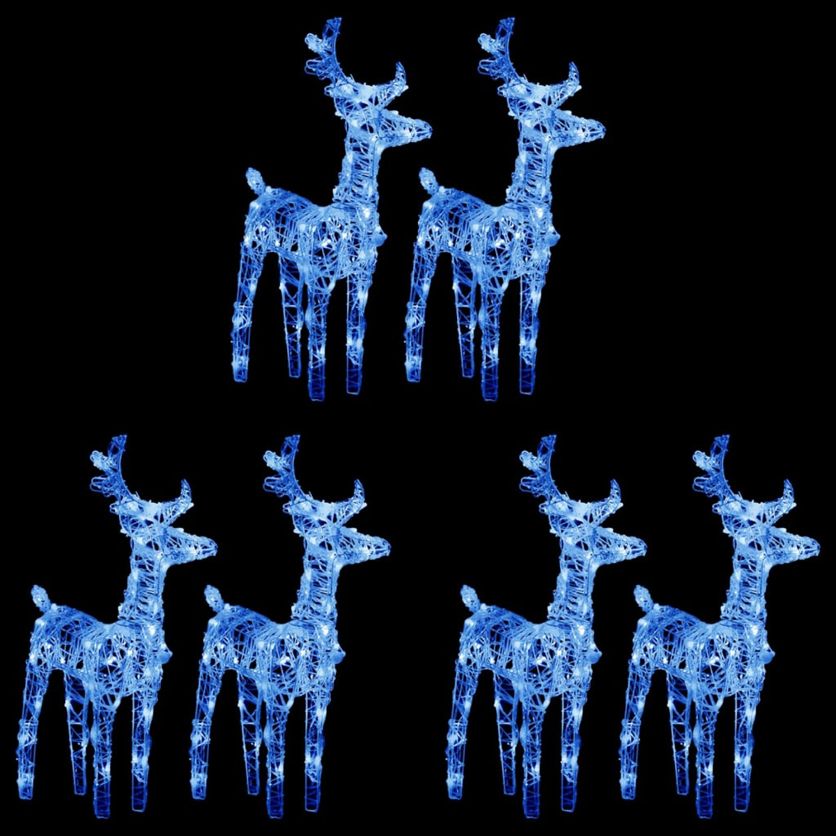 Sechs blaue Rentier-Lichtdekorationen vor schwarzem Hintergrund.