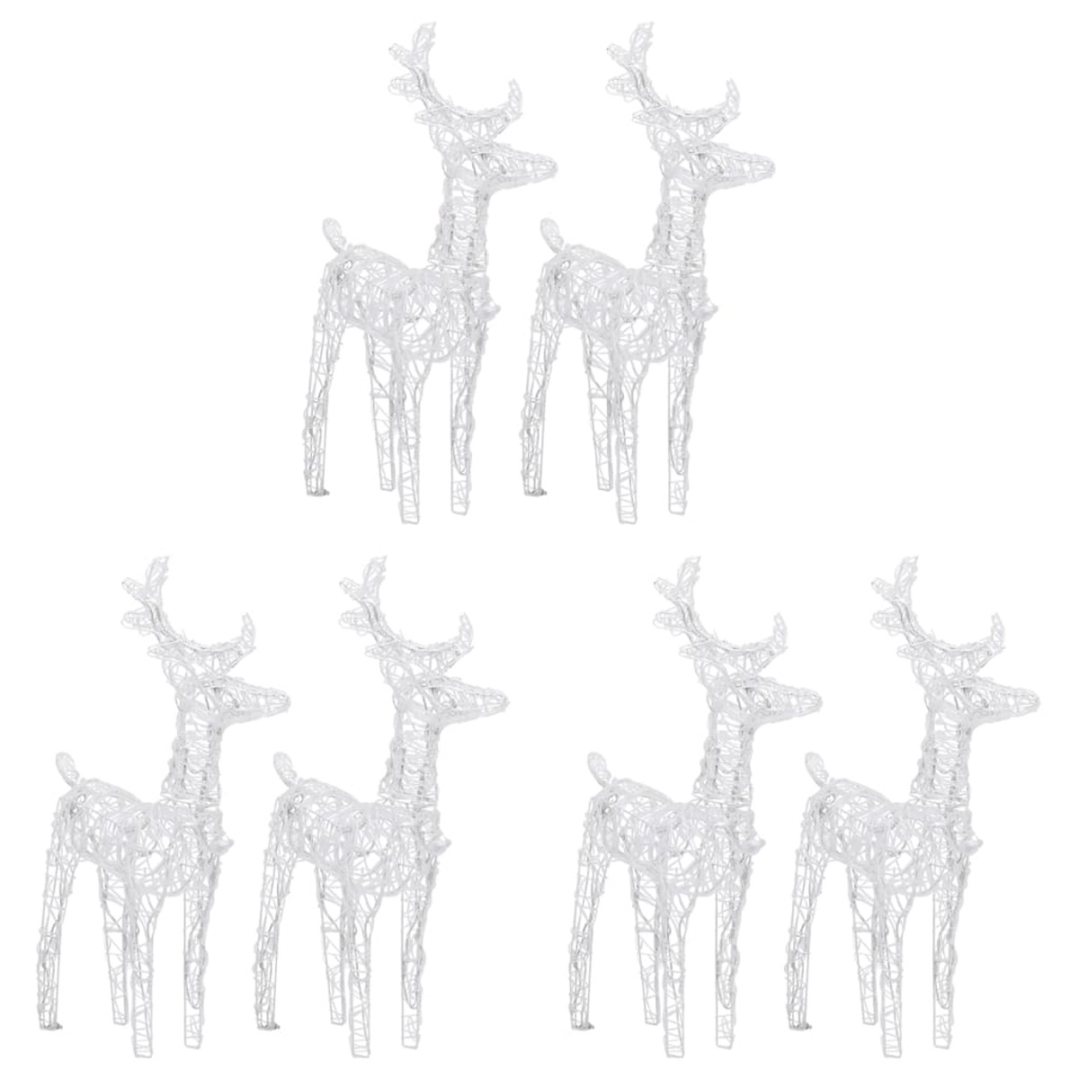 Sechs weiße Hirschfiguren. Sie haben ein offenes, netzartiges Design. Sie stehen alle.
