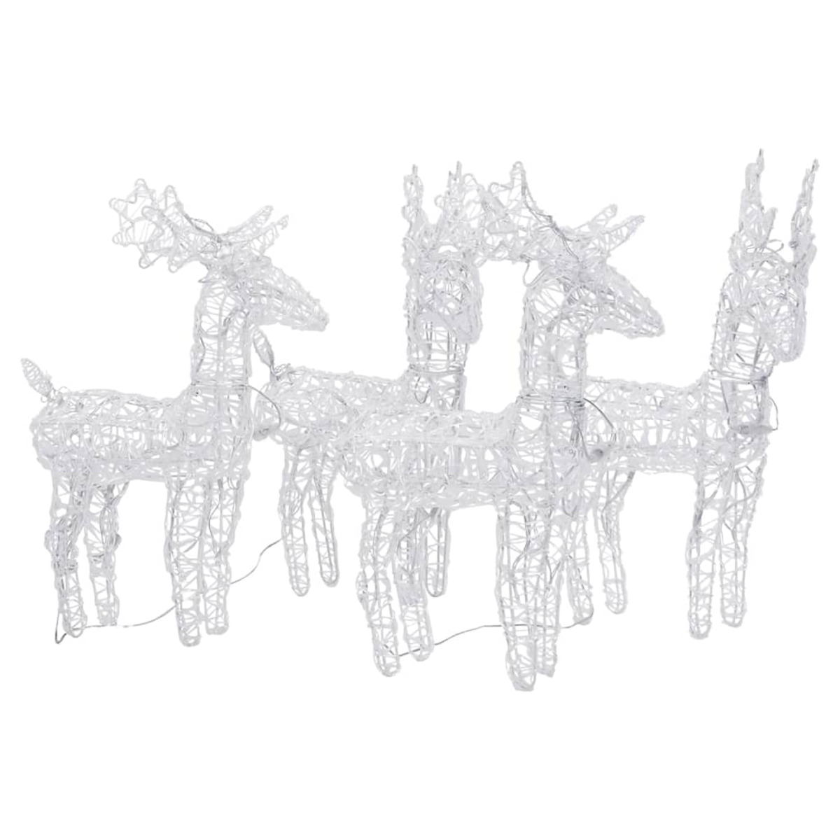 Drei Drahtgerüst-Rentierfiguren, weiß, mit detaillierten Geweihen, in einer Reihe vor weißem Hintergrund angeordnet.