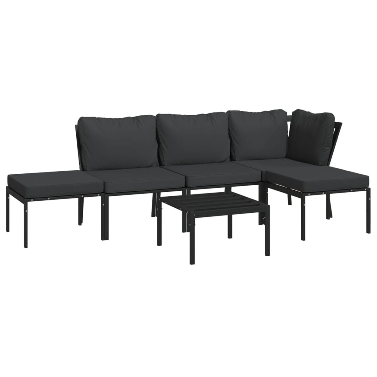 Ein schwarzes Outdoor-Ecksofa mit einem Couchtisch, vor weißem Hintergrund.