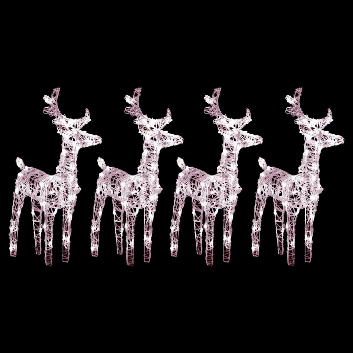 Vier beleuchtete Rentier-Weihnachtsdekorationen. Weißer Umriss auf schwarzem Grund.
