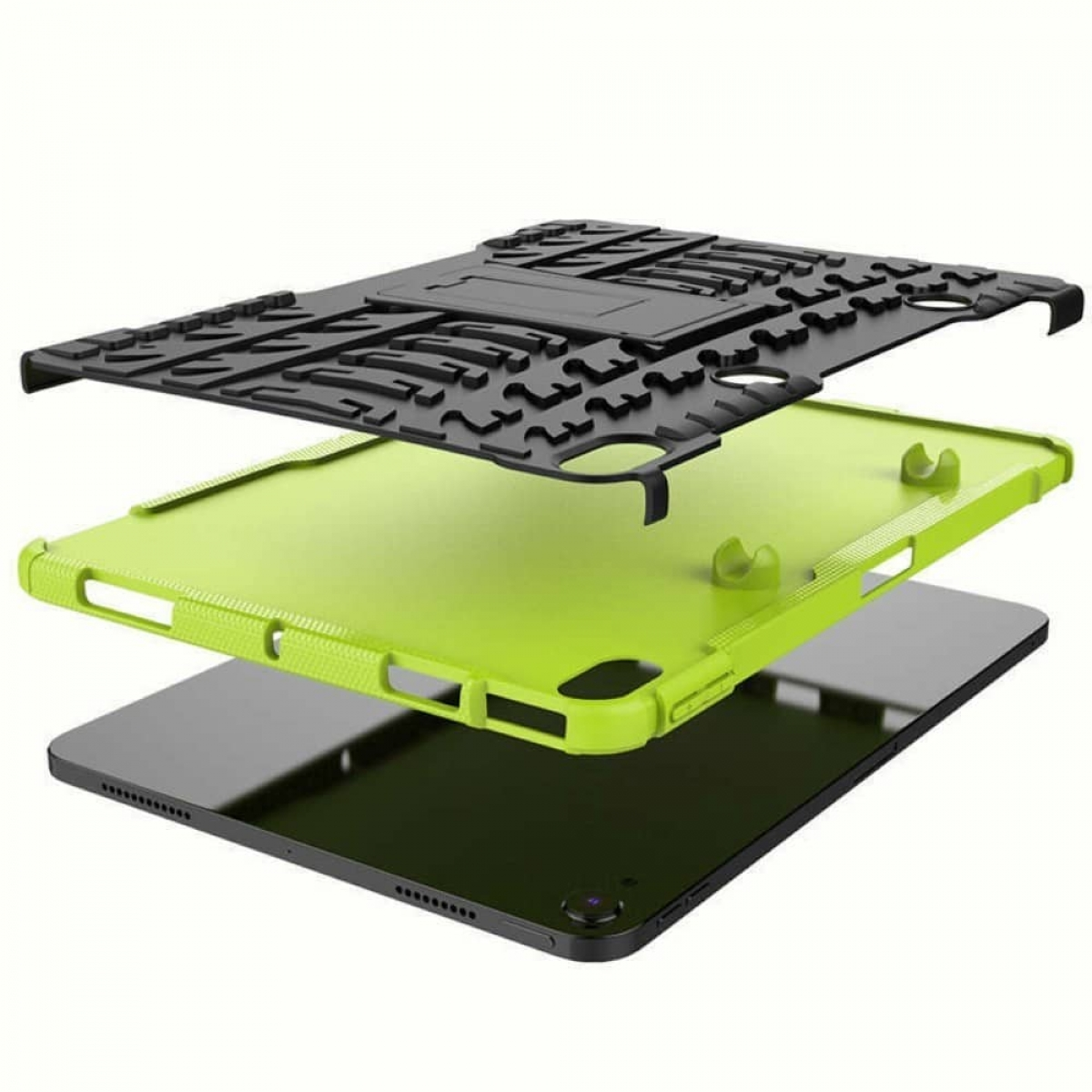 Dreischichtige Tablethülle. Schwarze Oberseite, grüne Mitte und schwarzes Tablet. Weißer Hintergrund.