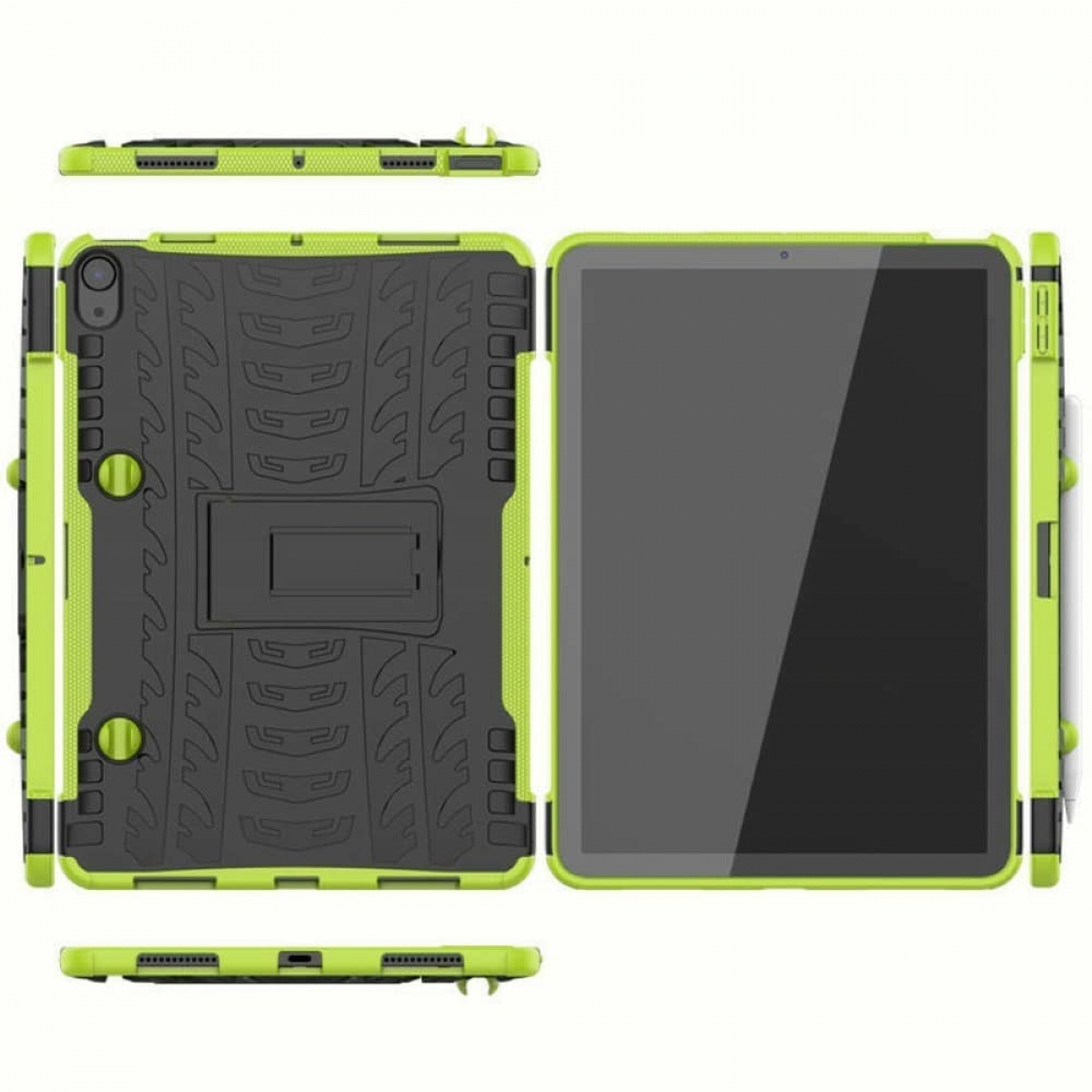 Grüne und schwarze Tablet-Hülle mit Ständer, verschiedene Winkel. Das Tablet ist nicht eingesetzt.