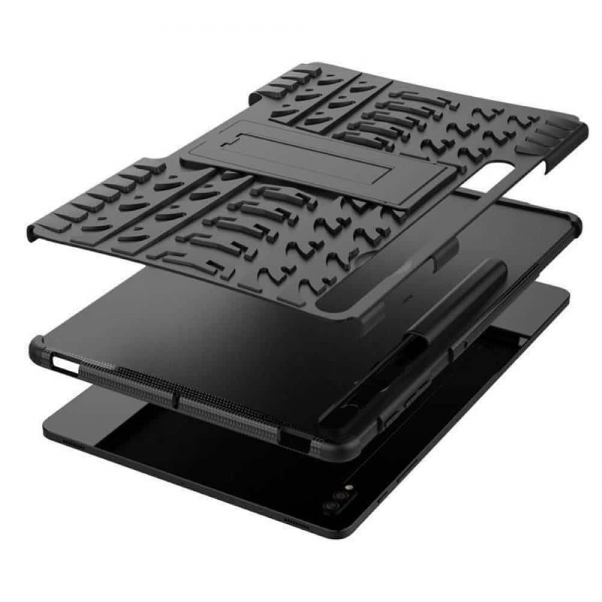 Schwarze Tablet-Hülle, zerlegt. Schichten umfassen Ständer, Tablet und Stift. Alle Komponenten sind schwarz.