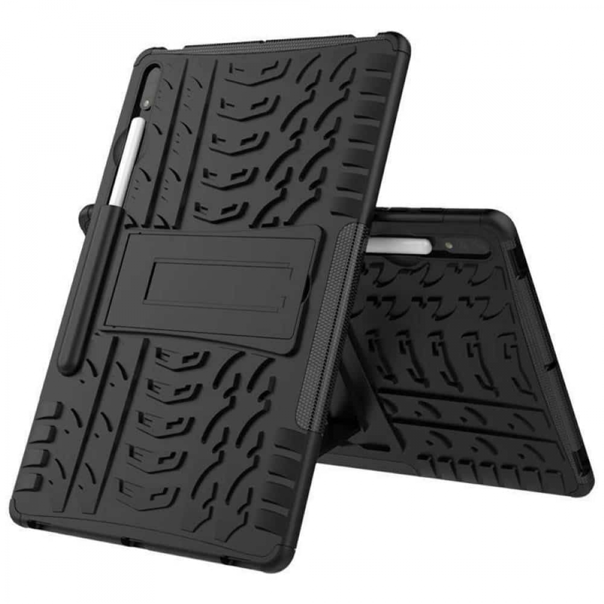 Schwarze Tablethülle mit Ständer und Stift. Sie ist strukturiert und hat einen lila Akzent. Auf Weiß.