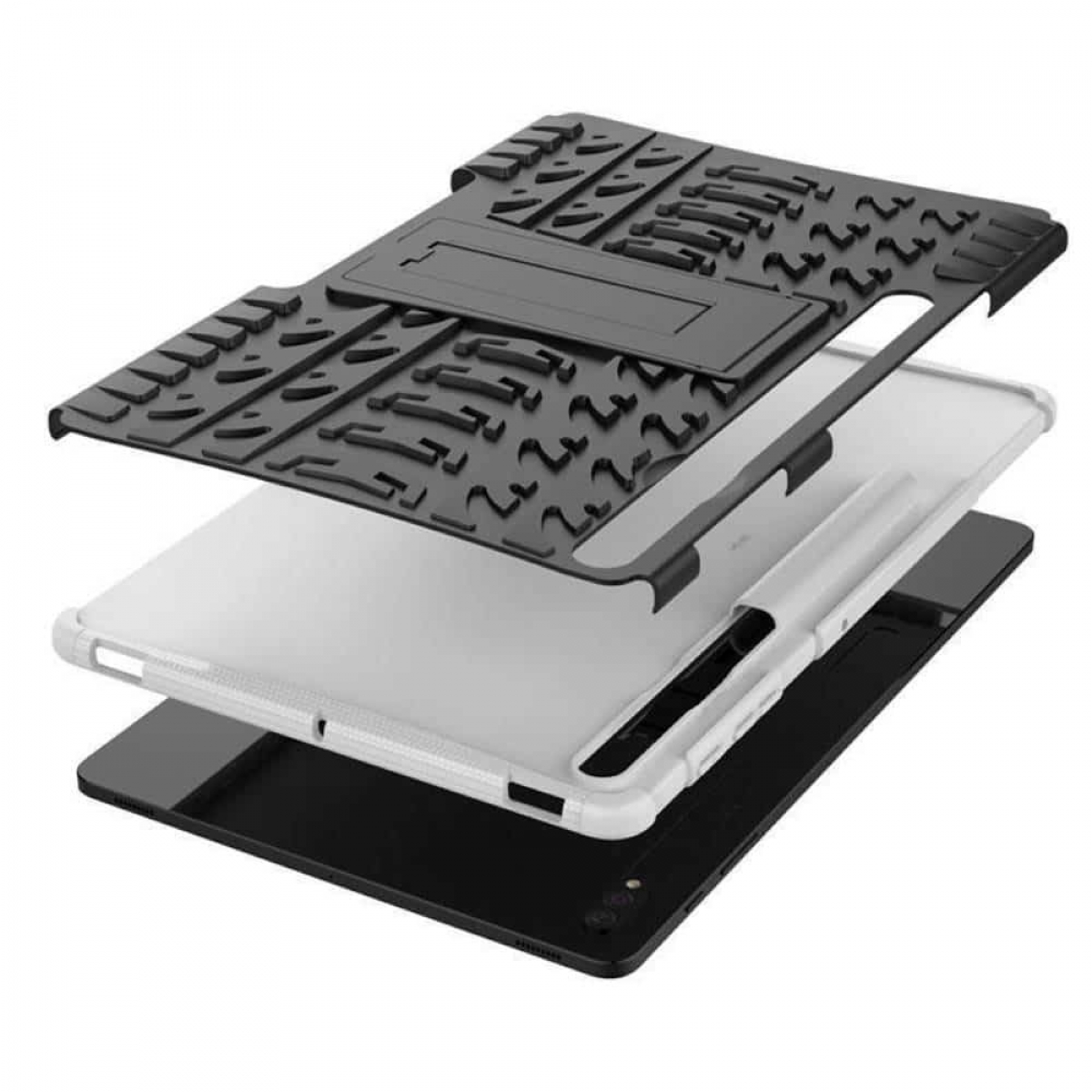 Eine Explosionsansicht einer schwarzen Tablethülle mit Ständer, Tablet und Stift.