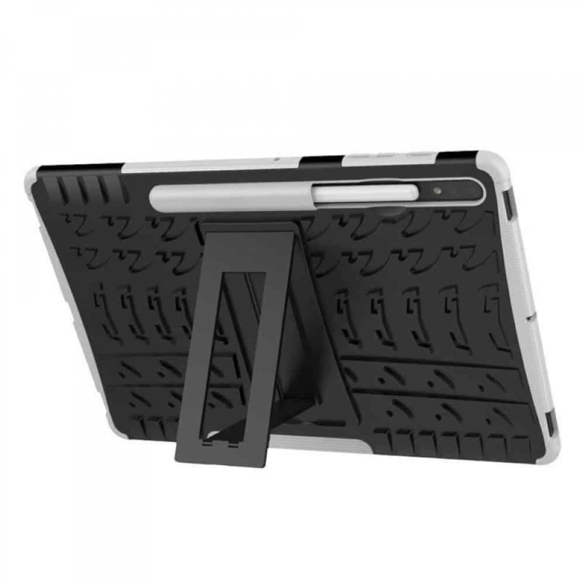Schwarze Tablet-Hülle mit Ständer und Stifthalter, weißer Hintergrund.