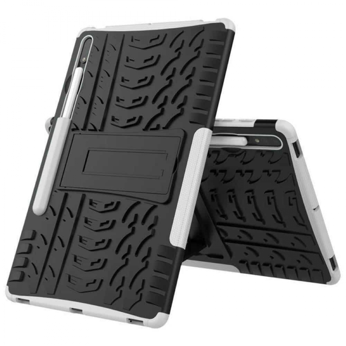 Tablet mit Hülle und Stift, schräg auf weißer Oberfläche.