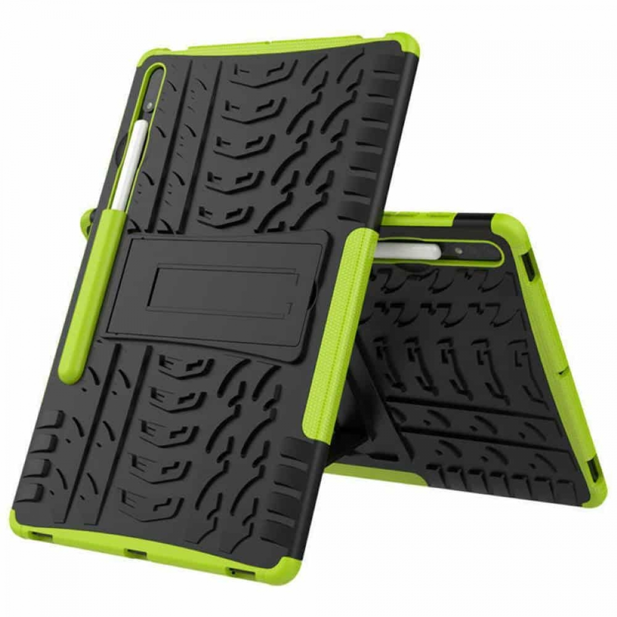 Schwarze Tablet-Hülle mit grünen Akzenten, geöffnet, um ein Tablet zu zeigen. Es ist auf weißem Hintergrund.