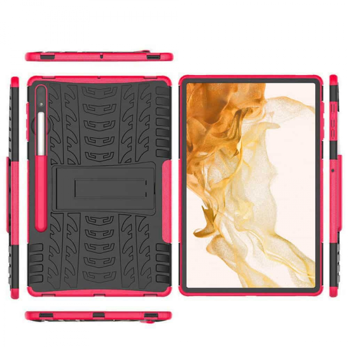 Rote und schwarze Tablethülle mit integriertem Ständer und Stift. Tablet im Gehäuse.