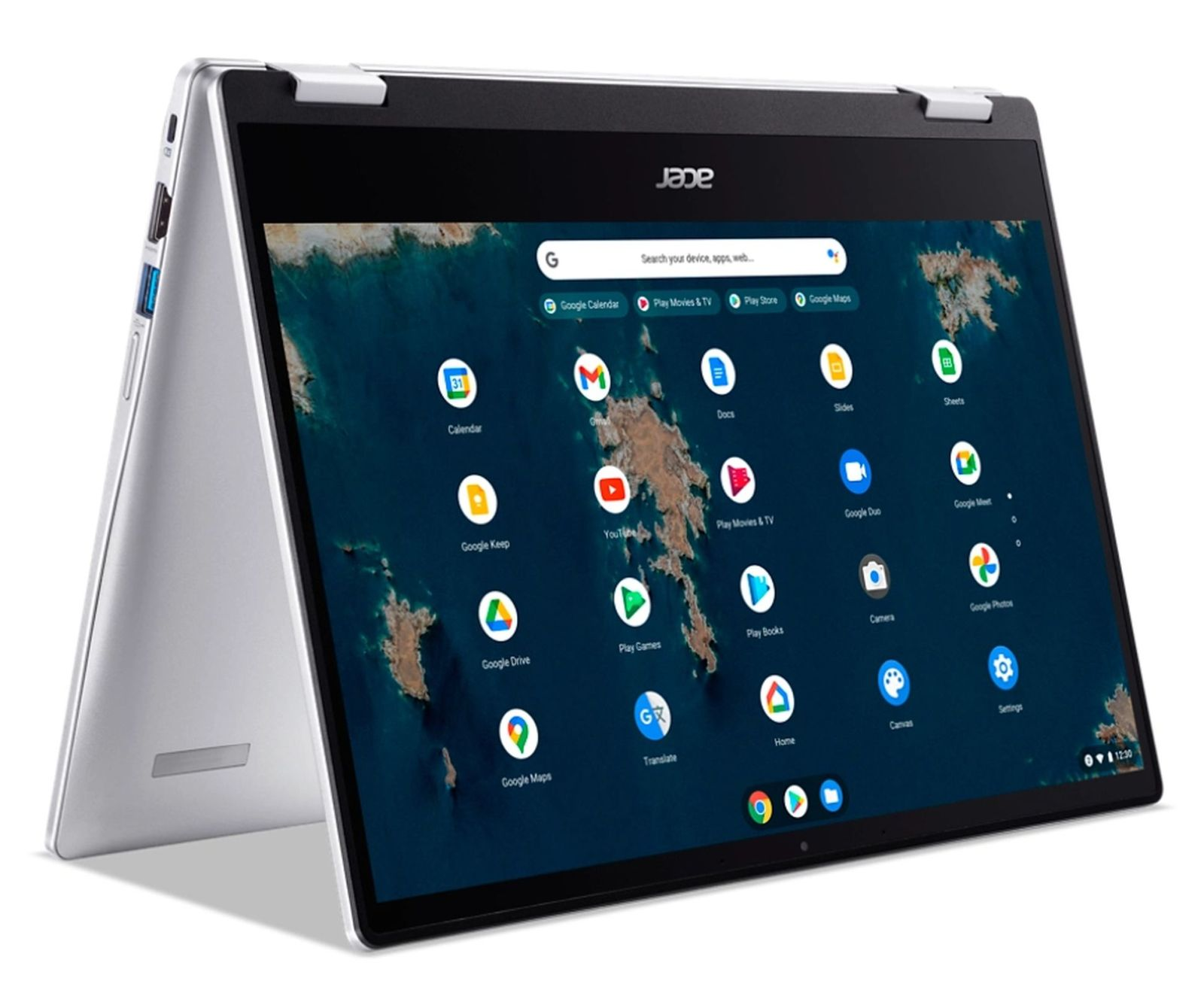 Un laptop Acer argentato con lo schermo aperto, che mostra un'interfaccia di app Google. Il laptop è su un tavolo.