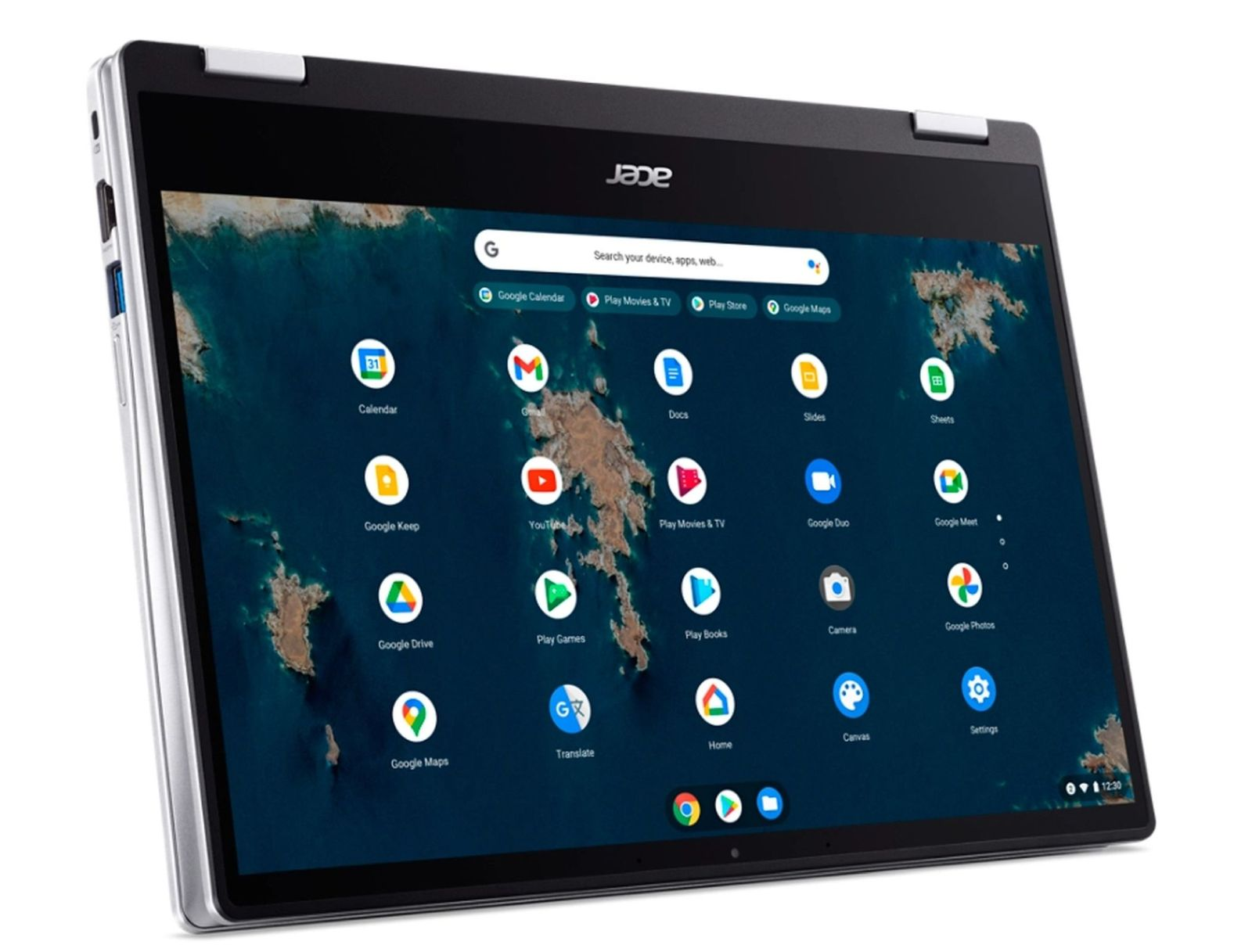 Tablet con interfaccia Chrome OS, che mostra le app di Google. Mostra una mappa.