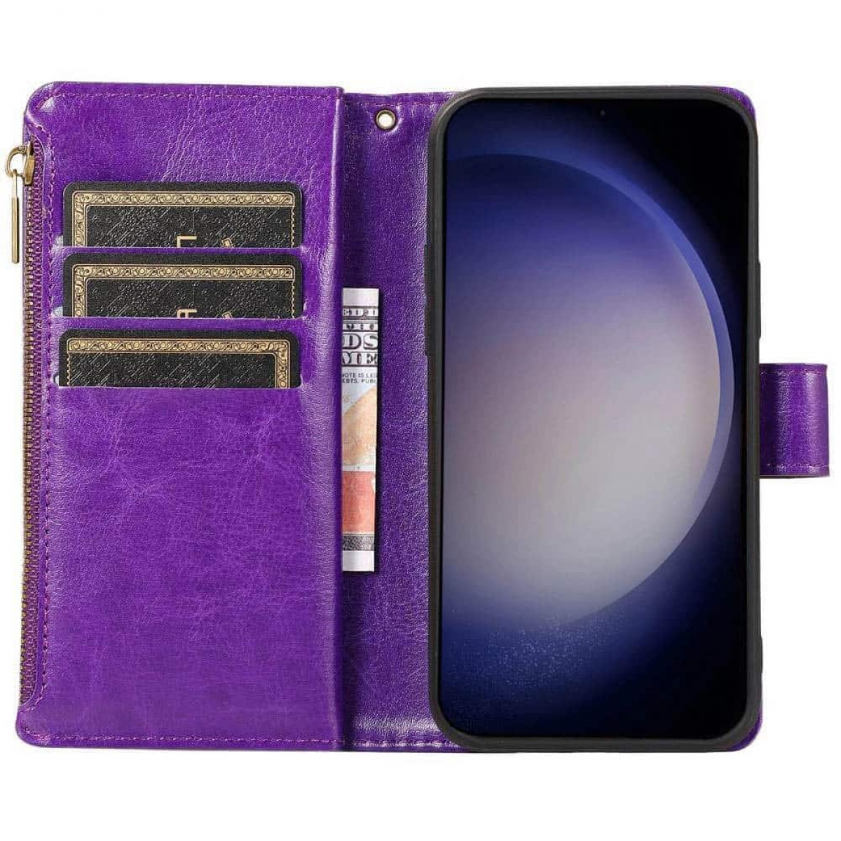 Lila Brieftaschen-Handyhülle. Zeigt Telefon, Karten und Reißverschluss. Weißer Hintergrund.