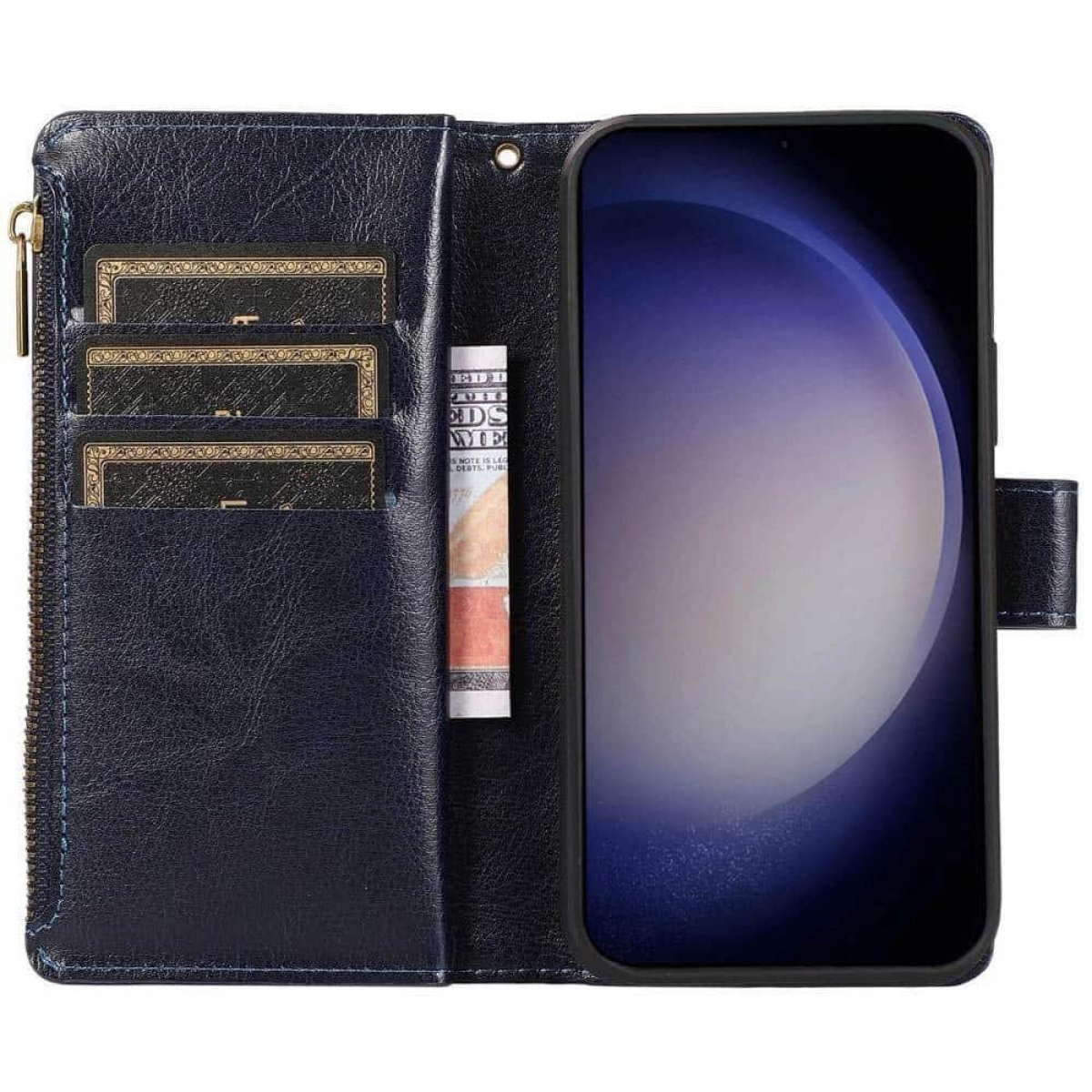 Offene blaue Lederbrieftasche mit Smartphone und Karten. Geld ist in der Brieftasche sichtbar.