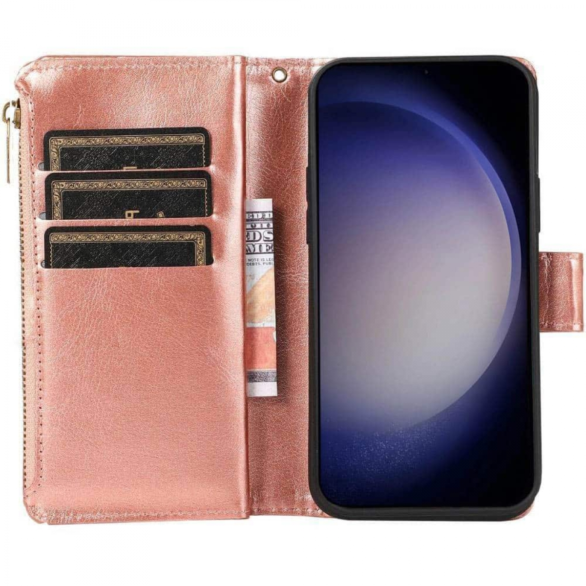 Eine roségoldene Geldbörse für Telefone. Sie ist geöffnet und zeigt Kartenfächer und eine aufgerollte Rechnung. Ein Telefon ist darin.