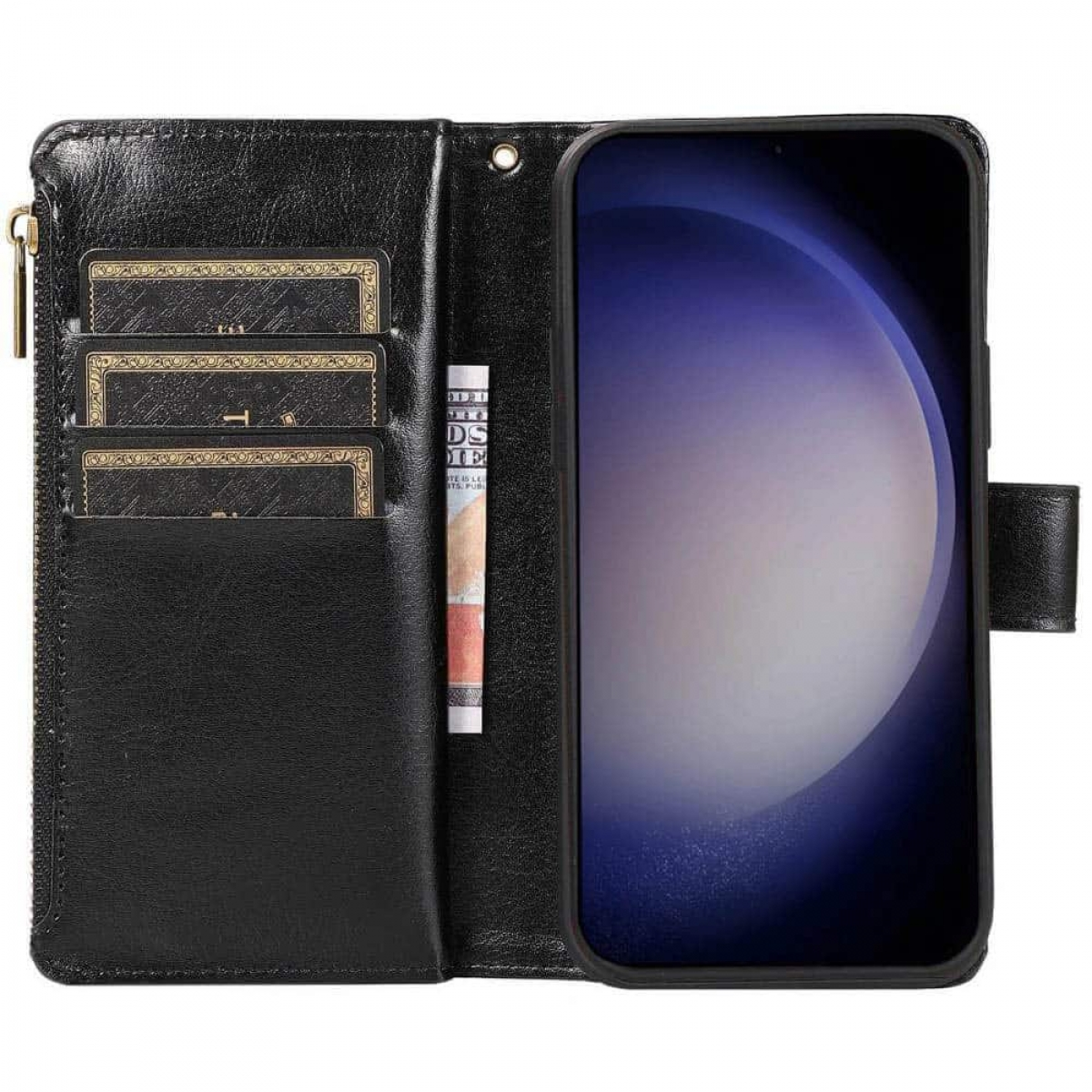 Schwarzes Leder-Wallet-Case offen, mit Karten und einem Telefon.