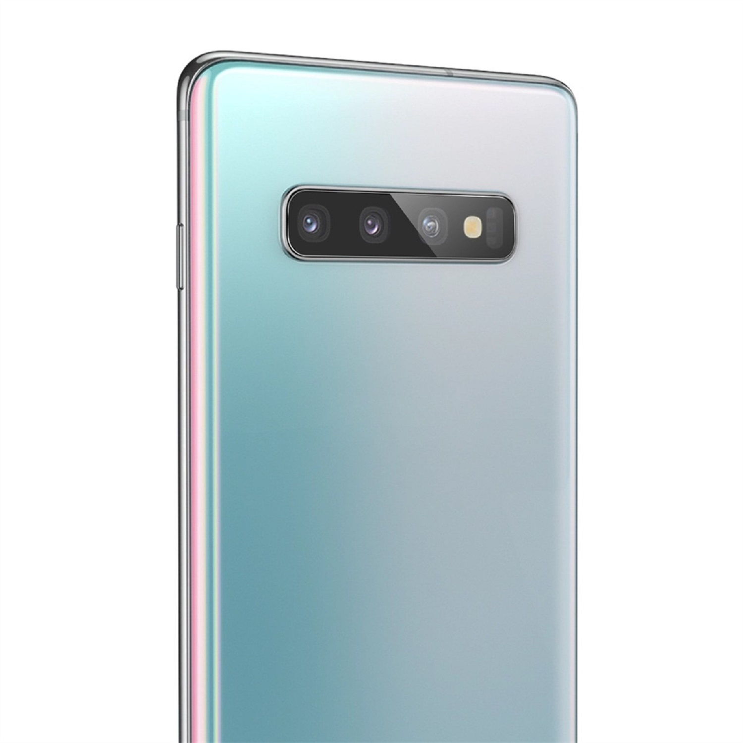 Nahaufnahme der Rückseite eines Smartphones, hellblau mit rosa Seiten, Dreifach-Kamera.