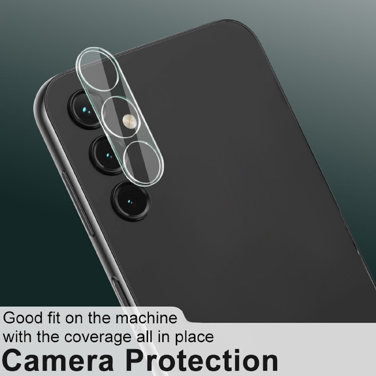 Schwarze Telefonrückseite mit Kameralinsen, eine transparente Kameraschutzfolie ist oben. Text ist vorhanden.