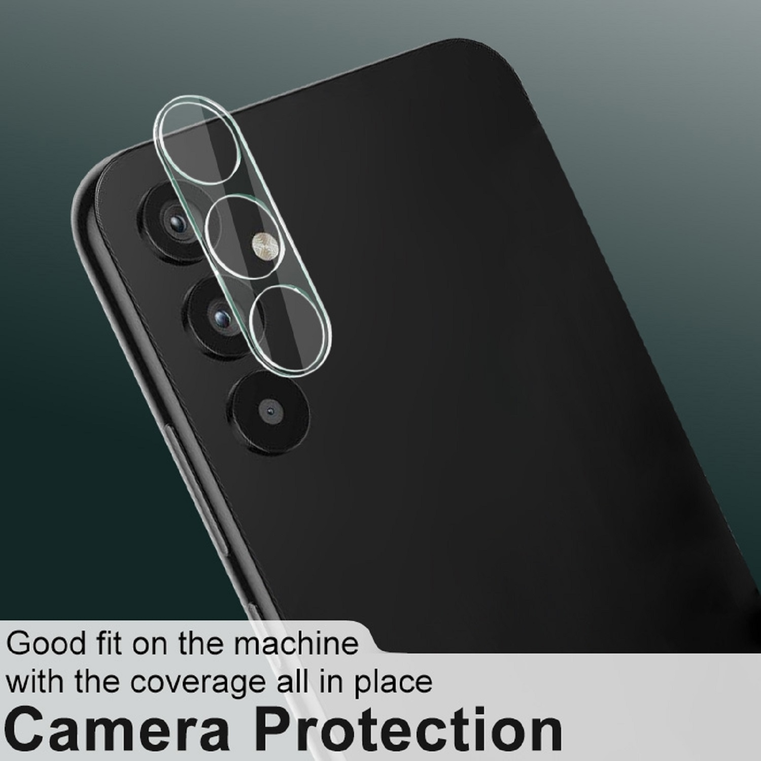 Ein schwarzes Telefon mit installiertem transparenten Kameraschutz. Der Schutz bedeckt die Linsen.