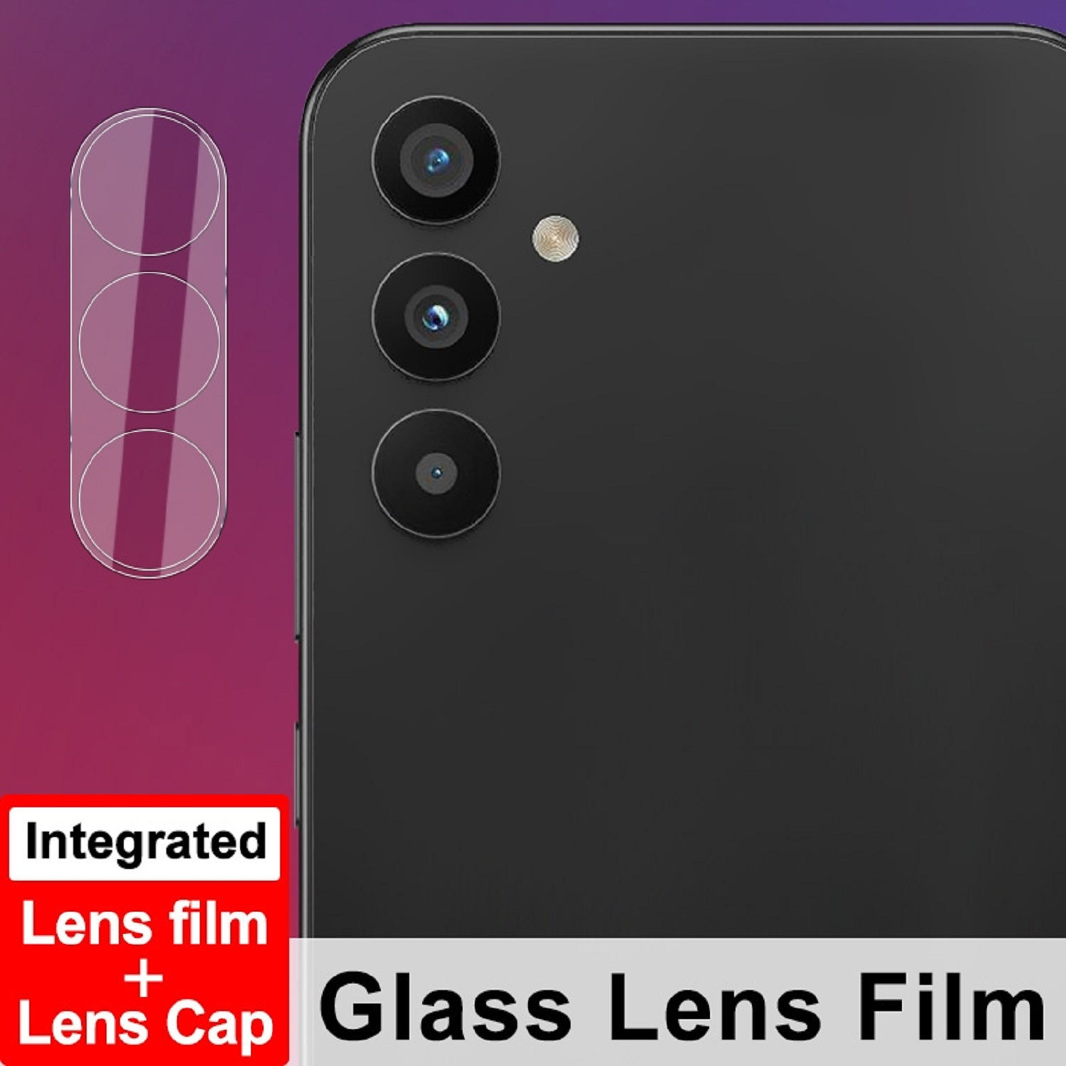 Linsenfolie und -kappe mit Glaslinsenfolie. Schwarze Telefonrückseite sichtbar.