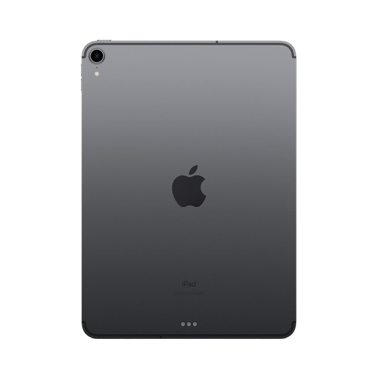 Dunkelgraues iPad, Rückansicht, mit Apple-Logo und Kamera. Weißer Hintergrund.