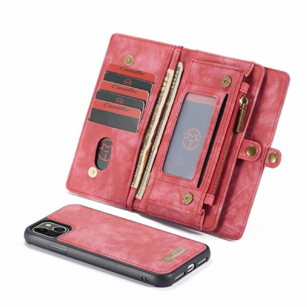 Ein rotes Handyhüllen-Portemonnaie, geöffnet mit Telefon, Karten und Geld. Goldener Reißverschluss und roter Deckel.
