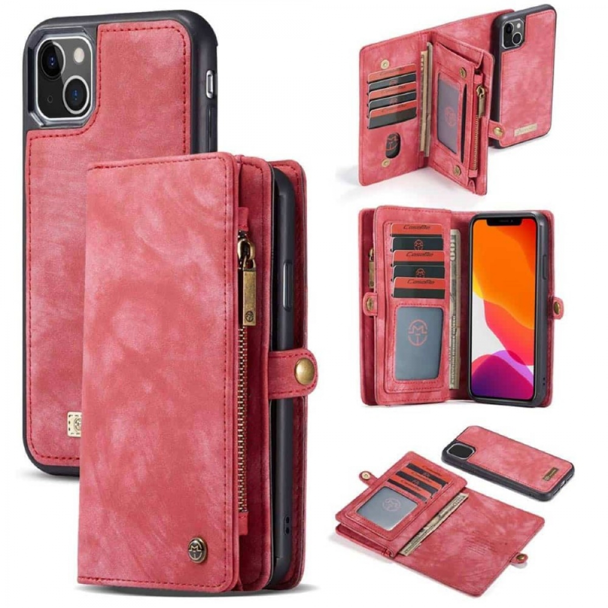 Rote Leder-Handyhülle mit Geldbörsenfunktionen. Zeigt Telefon- und Kartenfächer.