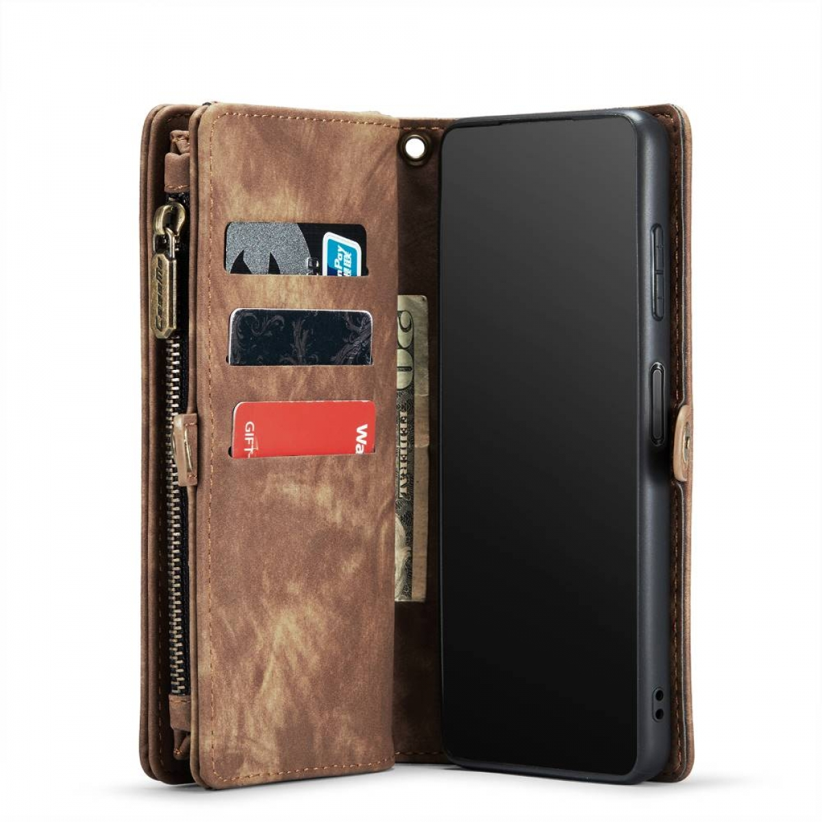 Ein Telefon in einer braunen Leder-Wallet-Hülle mit Kartenfächern und Reißverschluss. Karten und Geld sichtbar.