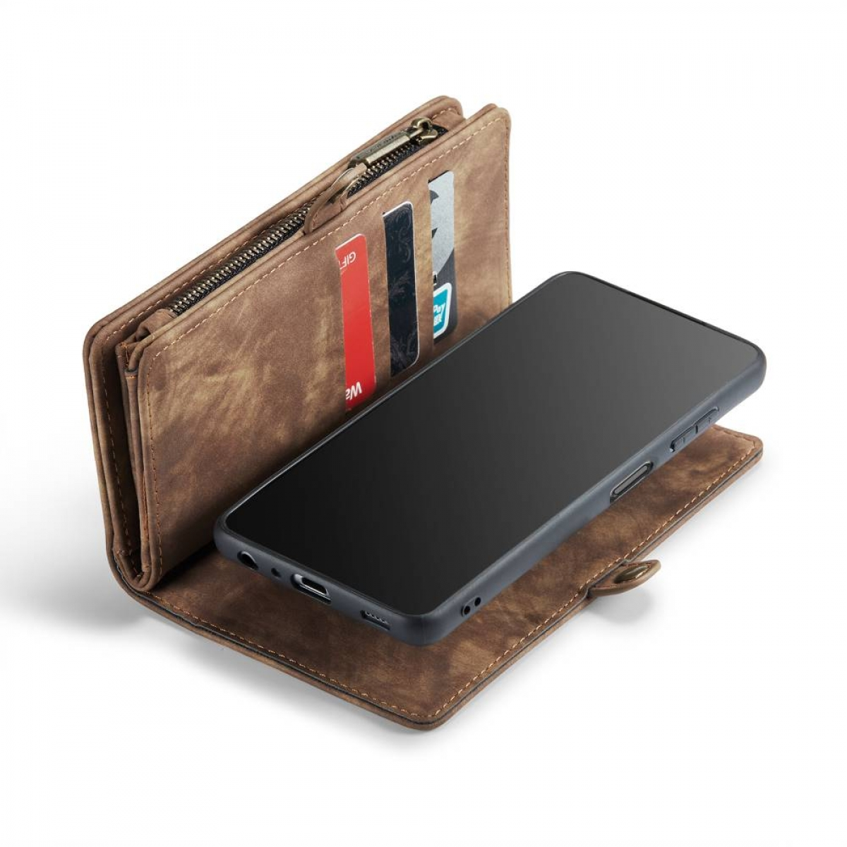 Braune Leder-Geldbörsenhülle mit Telefon und Karten. Reißverschluss.